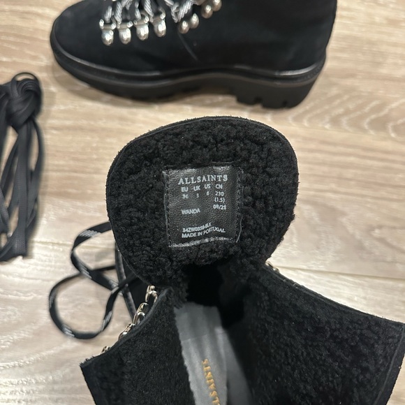 New All Saints Wanda Shearling Black Suede Hiking Combat Boots Size 36 - Picture 6 of 9